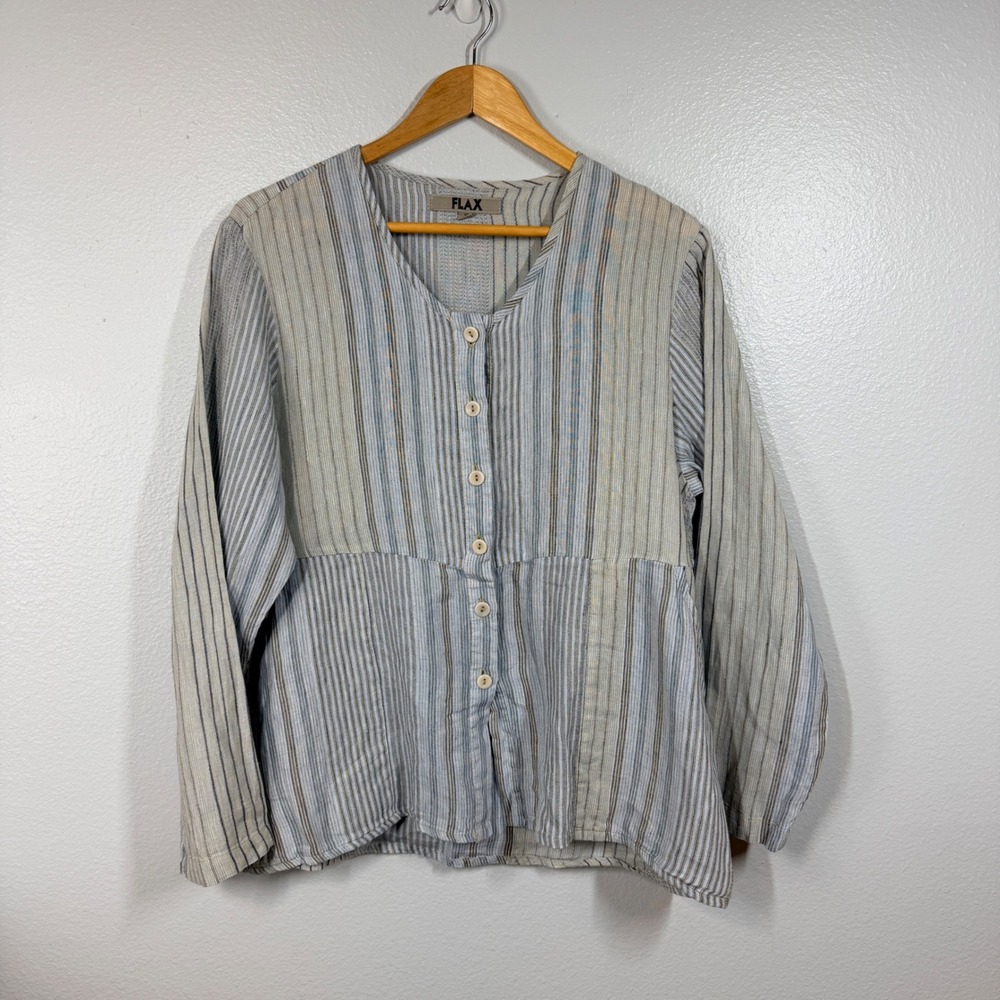 FLAX Button Front Top Tunic Women's Small Blue Striped Linen Long Sleeve Boho